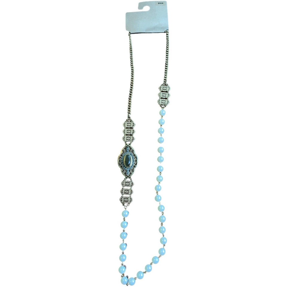 Gold Tone Chain Faux Pearls Side Pendant 34” Necklace White